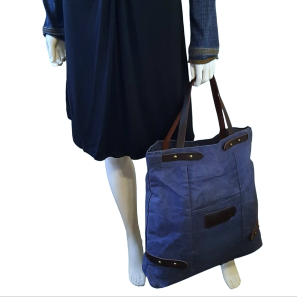 ZARA MAN Unisex Navy Waxed Cotton Canvas Tall Shopper Tote w/Leather Trim - Picture 1 of 12
